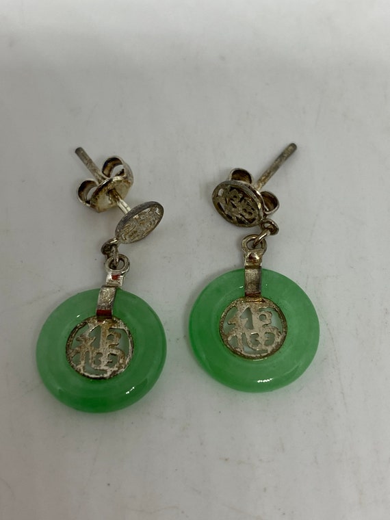 Vintage Fun Green Jade Gemstone Silver Earrings - image 4