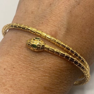 Vintage Snake Bangle Bracelet Gold filled Green Crystal Eyes