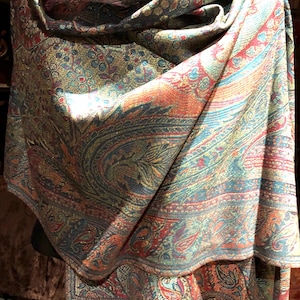 Vintage Pink Turquoise Metallic Gold Paisley Brocade Pashmina Scarf Wrap