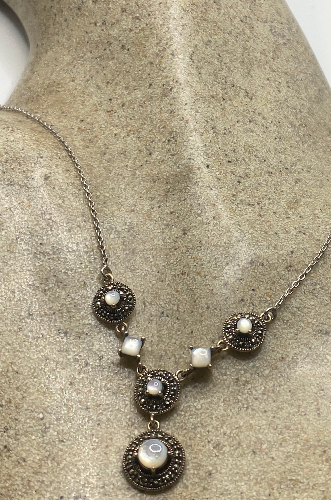 Vintage Marcasite 925 Sterling Silver Mother of Pearl Necklace - Etsy