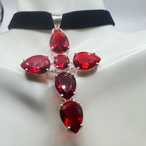 large handmade vintage Gothic Ruby glass Silver bronze pendant black velvet choker