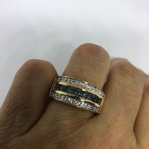 Vintage Handmade Genuine Dark Blue Flourite and White Sapphire  925 Sterling Silver Deco Ring