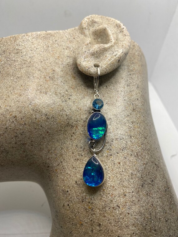 Vintage Blue Butterfly Wing Glass Earrings 925 St… - image 4