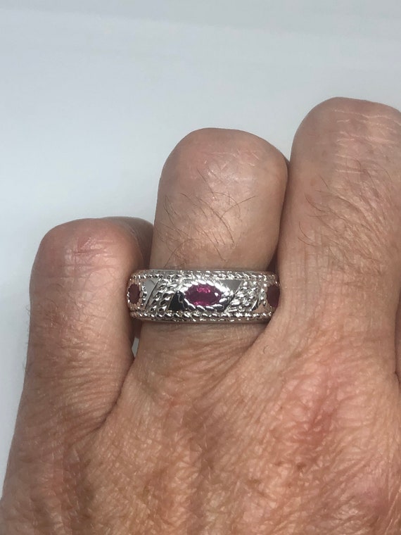 Vintage Pink Ruby 925 Sterling Silver Band Ring - image 1