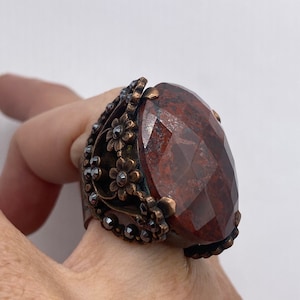 Vintage Red Jasper Agate Stone copper Ring Adjustable