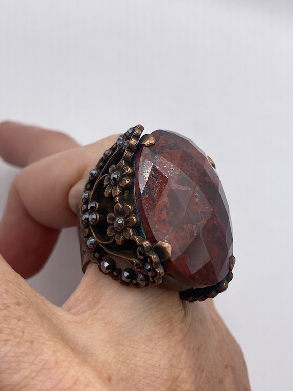 Vintage Red Jasper Agate Stone copper Ring Adjusta