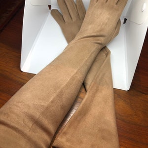 Camel Beige Evening Gloves Vintage Ultrasuede Fleece Long Brown Opera Gloves