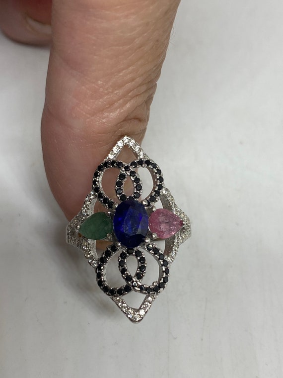 Vintage Green Emerald Ruby and Sapphire 925 Sterl… - image 4