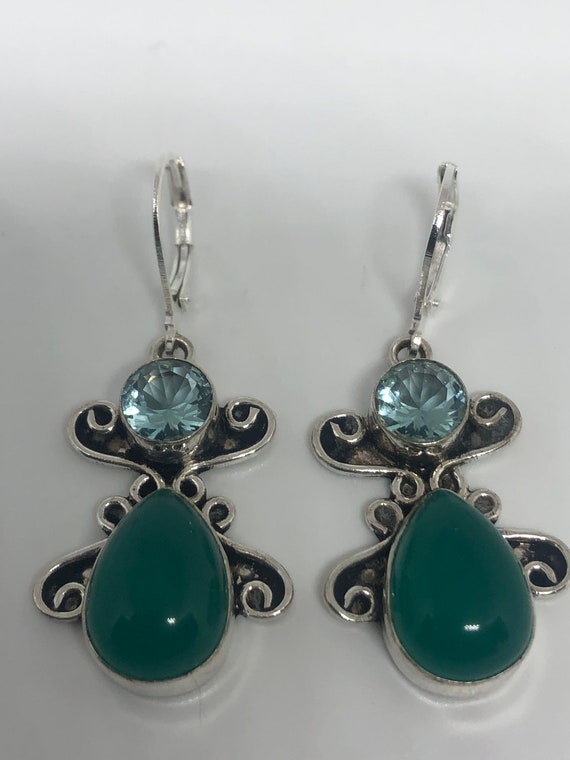 Antique Vintage Green Chrysoprase Silver Dangle E… - image 3