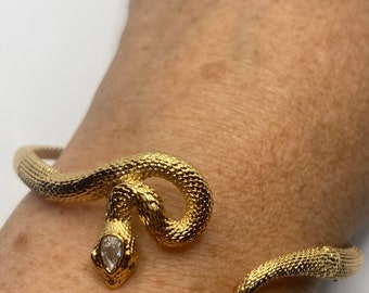 Vintage Snake Bangle Bracelet Gold Filled Green Crystal Eyes