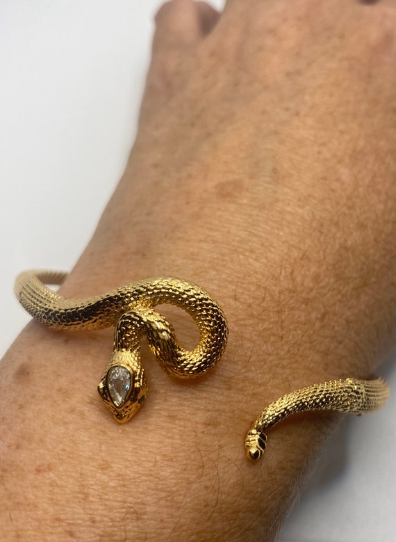 Vintage Snake Bangle Bracelet Gold Filled Green C… - image 1