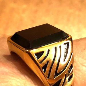 Vintage Gothic Gold Finished Stainless Steel Black Onyx Mens Ring