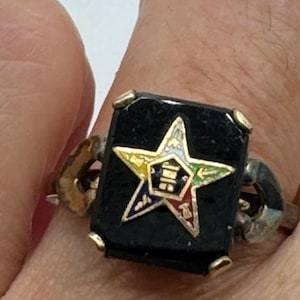 Vintage Lucky Eastern Star Free Mason Ring Gold Filled Enameled with crystal