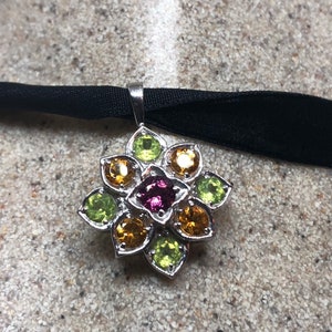 Vintage Handmade 925 Sterling Silver Genuine Citrine Peridot and tourmaline Antique Pendant Necklace