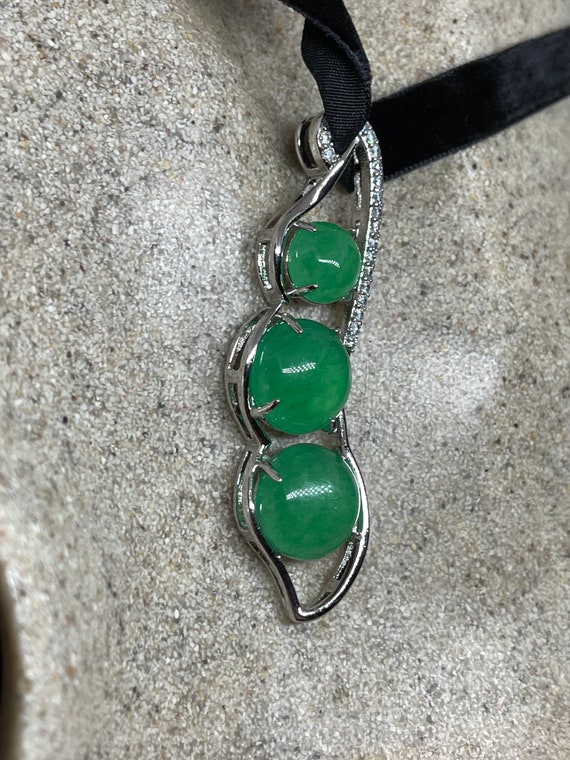 Vintage Green Jade Pea pod Choker Silver Finish N… - image 8