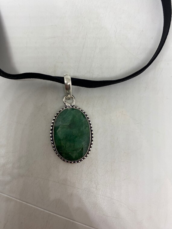 Vintage Green Raw Emerald Crystal Choker Pendant - image 3