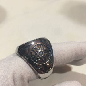 Vintage Gothic Silver Stainless Steel Pentacle Star Mens Ring image 3