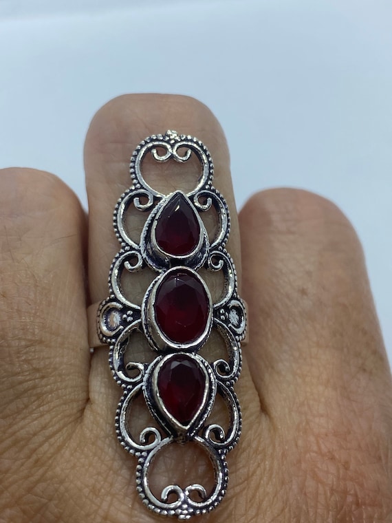 Vintage Genuine red Ruby Glass Silver Ring Size 7.