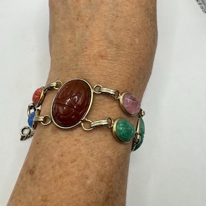 Vintage Scarab Bracelet Gold filled Carved Gemstones