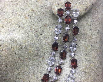 Vintage Red Garnet Earrings Cubic Zirconia 925 Sterling Silver Chandelier Dangle