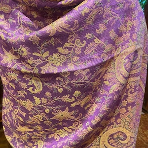 Vintage Purple Gold Paisley Brocade Pashmina Scarf Wrap Shawl