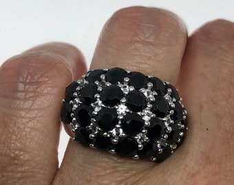 Vintage Handmade Deep Blue Sapphire and White 925 Sterling Silver Gothic Ring