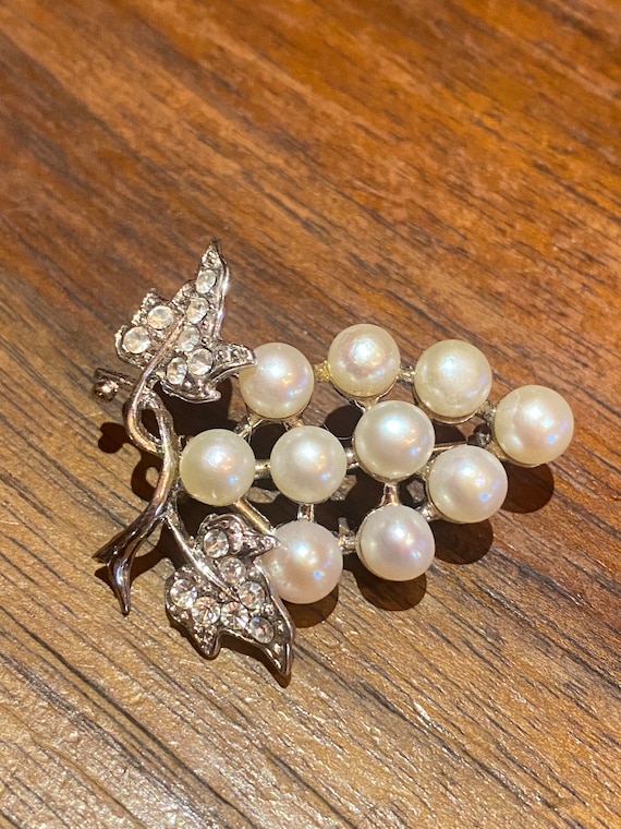 Vintage Pearl Grape Pin Silver Crystal Brooch - image 3