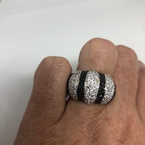 Vintage Clear White and Black Sapphire 925 Sterling Silver Cocktail Ring Size 6.5
