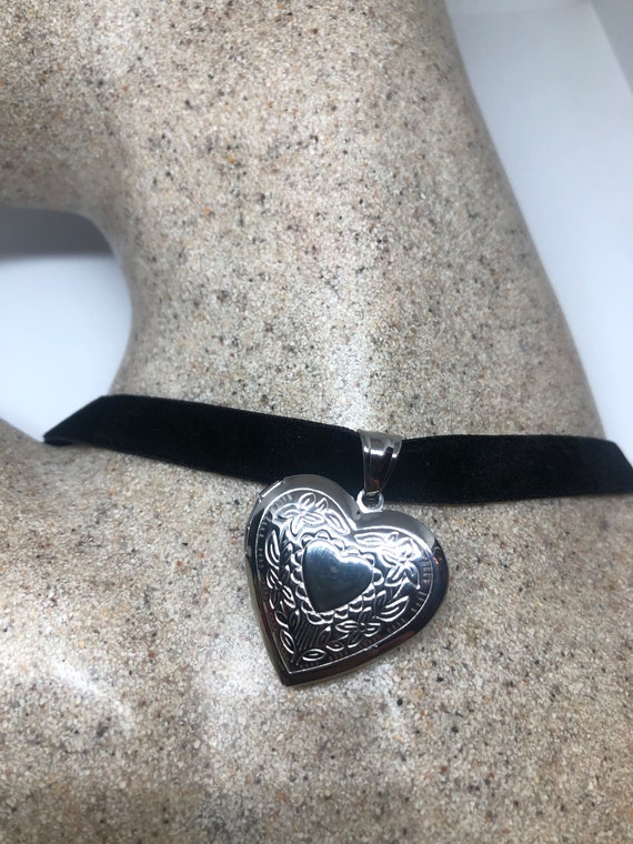 Vintage Heart Locket Choker Silver Stainless Stee… - image 1