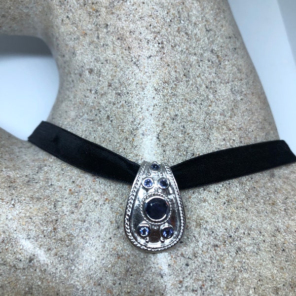 Vintage Sapphire Choker 925 Sterling Silver Pendant