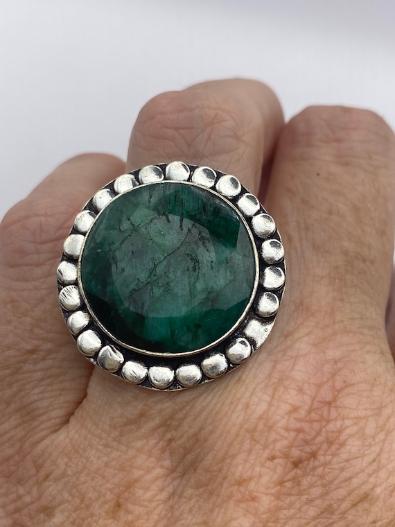 Vintage Green Raw Emerald Silver Bronze Statement… - image 1