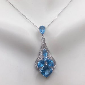 Blue Topaz Deco Pendant in 925 Sterling Silver Choker Necklace Vintage Handmade