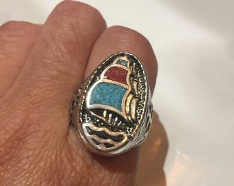 Vintage Southwestern Genuine Turquoise  Inlay Sailboat Mens Ring