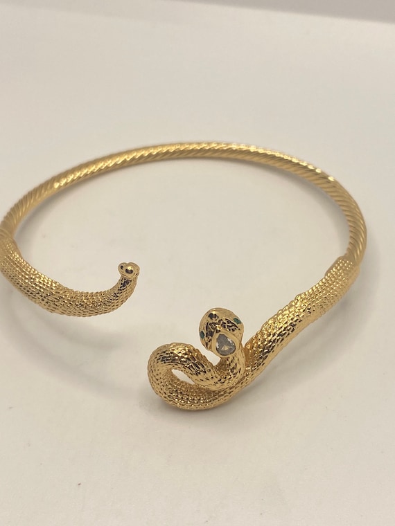 Vintage Snake Bangle Bracelet Gold Filled Green C… - image 7