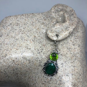 Antique Vintage Green Peridot Color Treated Emerald Silver Dangle Earrings