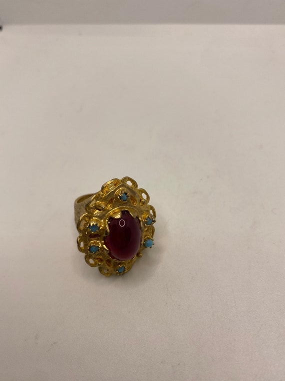 Vintage Red Ruby Glass Turquoise Golden Bronze Ri… - image 5