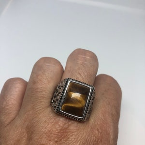 Vintage Gothic Silver Stainless Steel Genuine Tigers Eye Ring