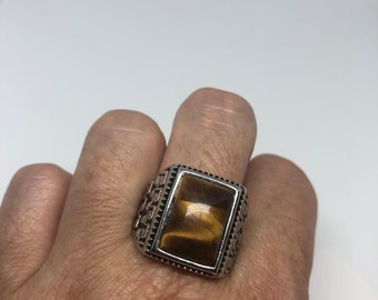 Vintage Gothic Silver Stainless Steel Genuine Tigers Eye Ring