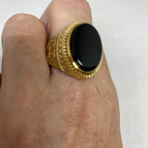 Vintage Gothic Gold Finished Stainless Steel Black Onyx Genuine Ring