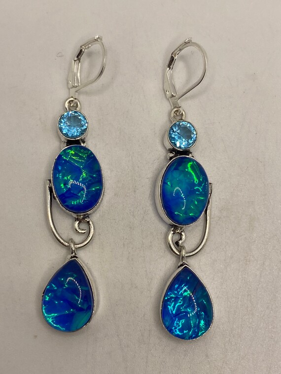 Vintage Blue Butterfly Wing Glass Earrings 925 St… - image 7