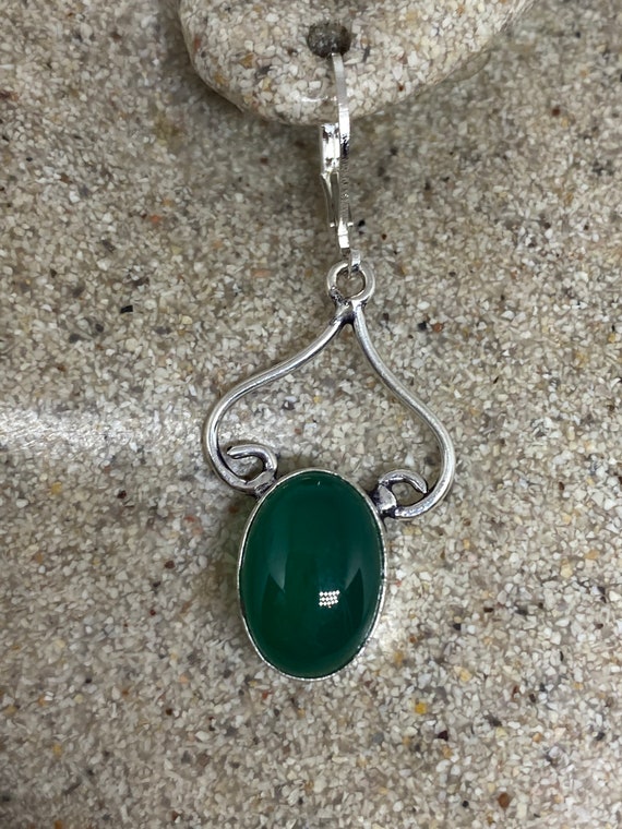 Antique Vintage Green Chrysoprase Silver Dangle E… - image 1