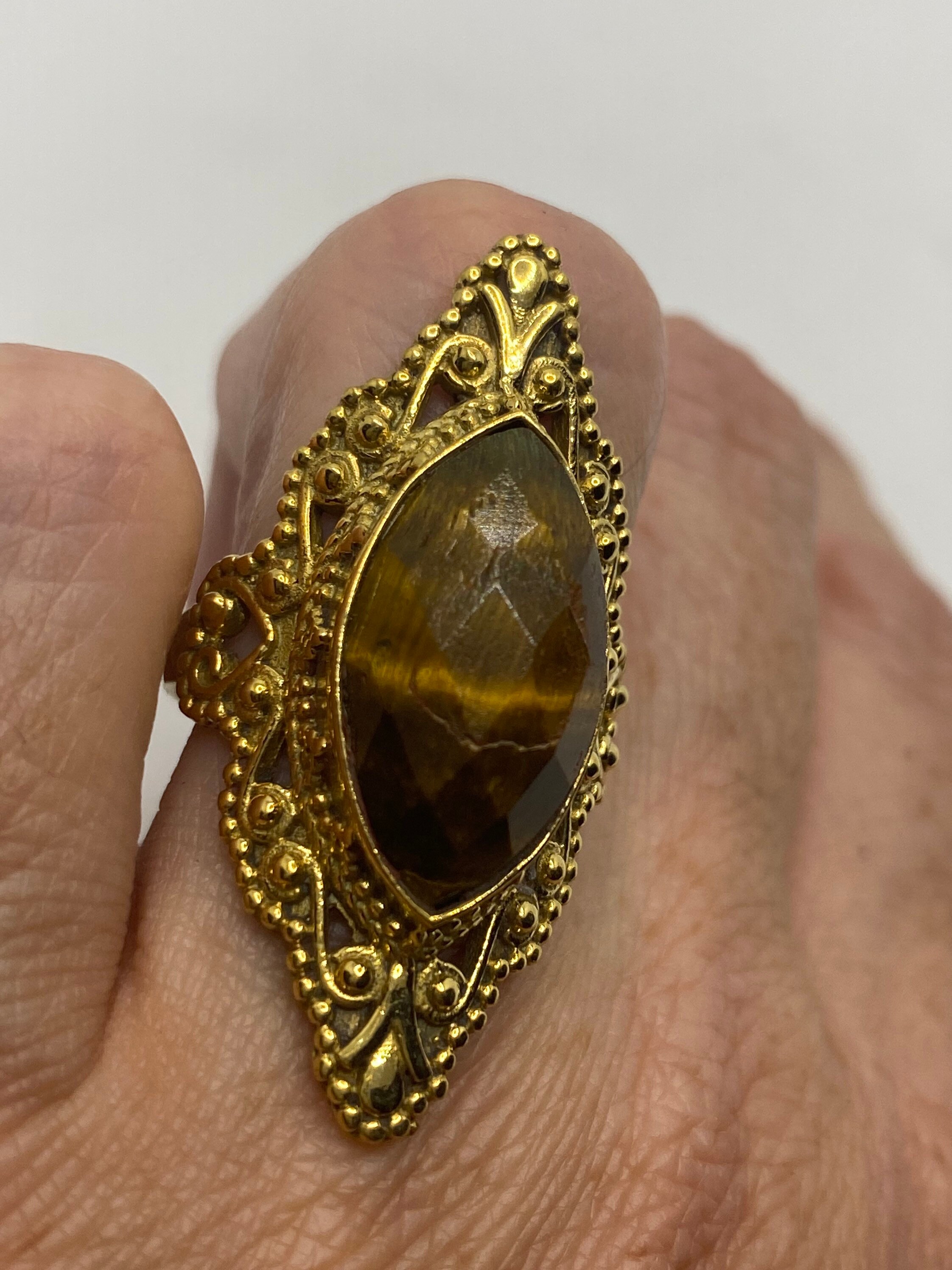希少　ヴィンテージ　オールド　タイガーアイ　リング　ヴィンテージ　ゴールド VINTAGE 14K YELLOW GOLD TIGER EYE RING UNUSUAL CUT /DESIGN