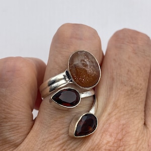 Vintage Genuine Bronze Moonstone Garnet Adjustable Ring