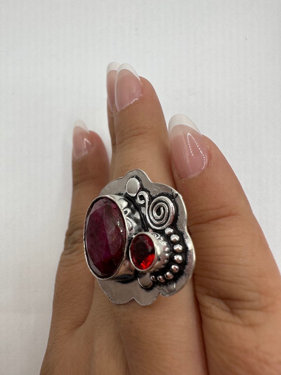 Vintage Handmade Raw Pink Ruby Silver Gothic Ring - image 3