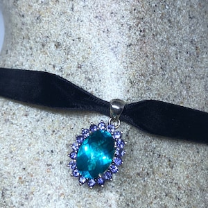 Vintage Echte Tiefblaue Topas mit Iolith 925 Sterling Silber Halskette Anhänger