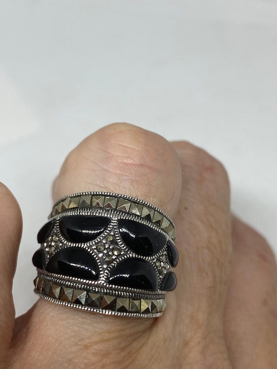 Vintage Genuine Black Onyx Silver Marcasite Ring - image 1