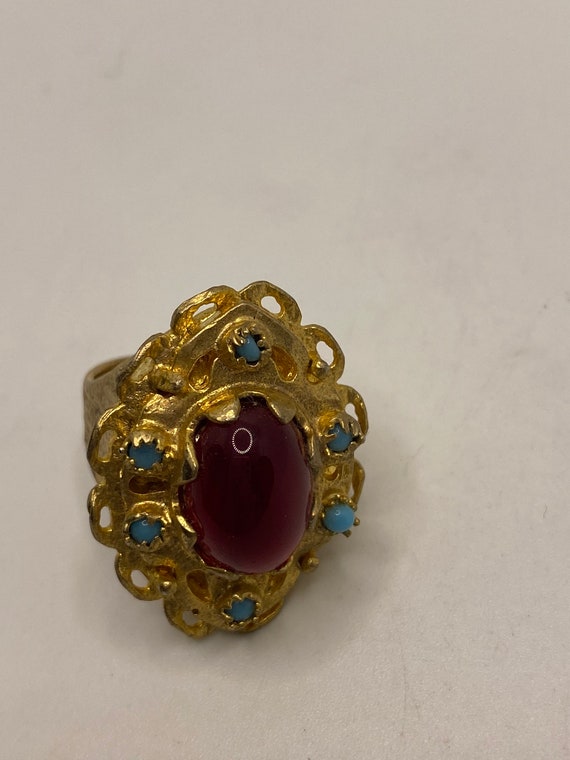 Vintage Red Ruby Glass Turquoise Golden Bronze Ri… - image 3