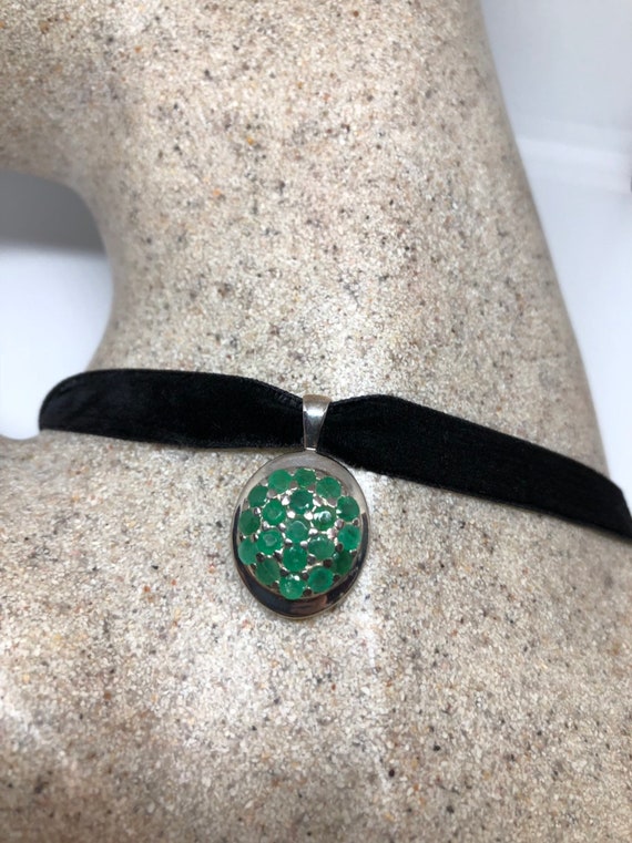 Vintage Green Emerald Choker 925 Sterling Pendant 