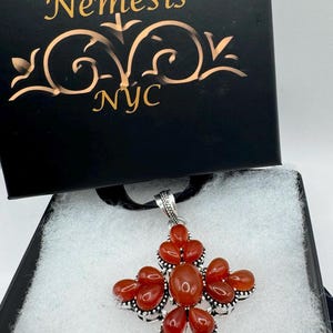 large handmade vintage Gothic Genuine Orange Carnilian Silver bronze pendant black velvet choker