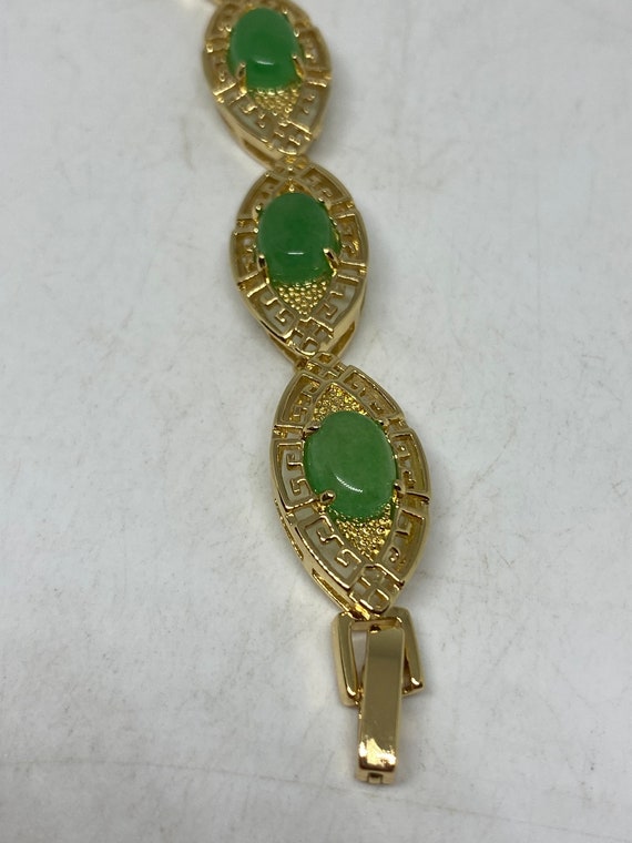 Vintage Green Jade Bracelet Golden White Bronze - image 5